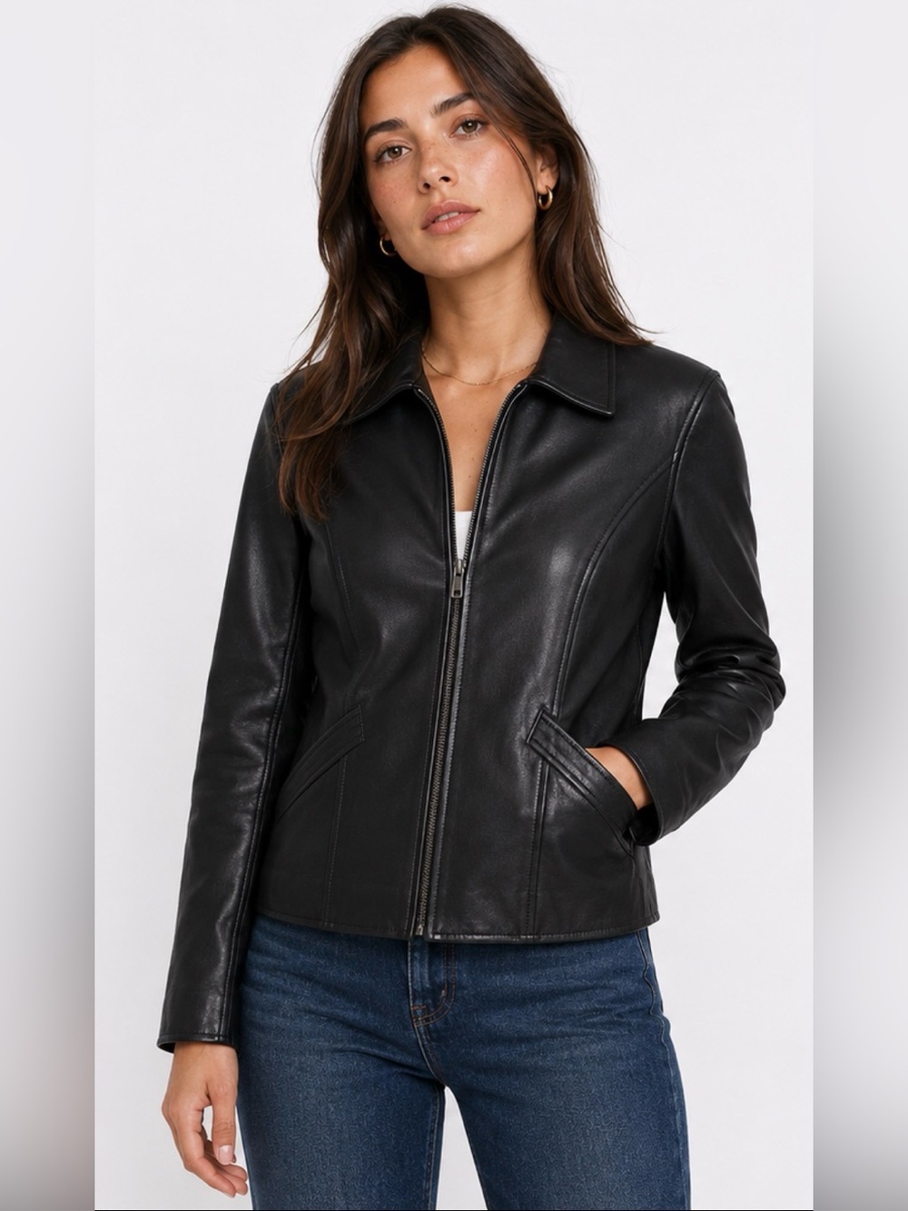 Vintage Wilsons Black Leather Jacket Women’s Medium Y2K Minimalist Zip Moto Coat